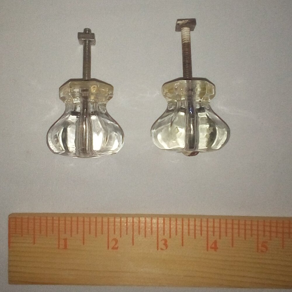 (2) MCM Glass Drawer Pull Knobs w/ Screws:  Hexagon.  Vintage.  1 1/2"  Dia.
